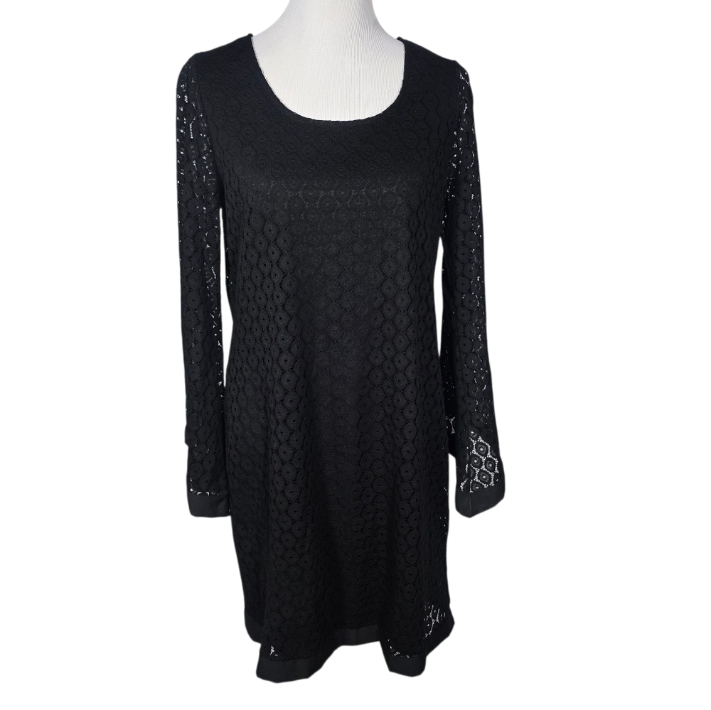 Espresso Medium Black Crochet Lace Lined Long Sleeve Knew Length Dress